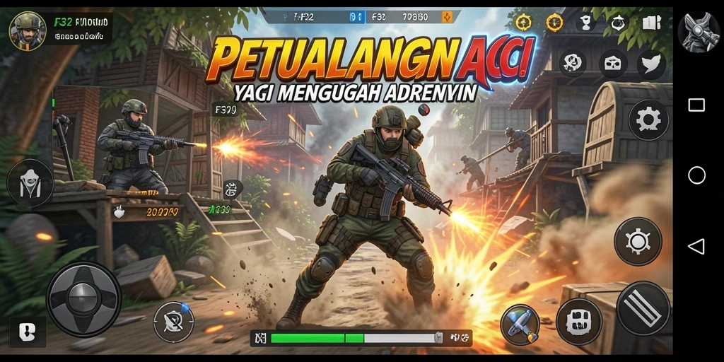 Screenshot permainan F32 menampilkan aksi mendebarkan di lingkungan yang dinamis.
