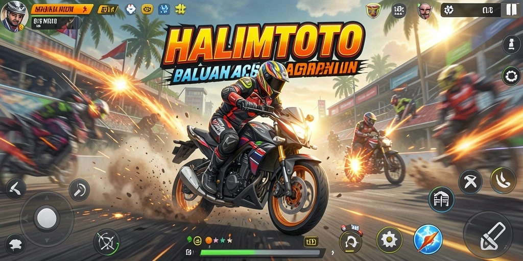 Tangkapan layar HALIMTOTO menampilkan balapan motor yang mendebarkan dan penuh aksi.