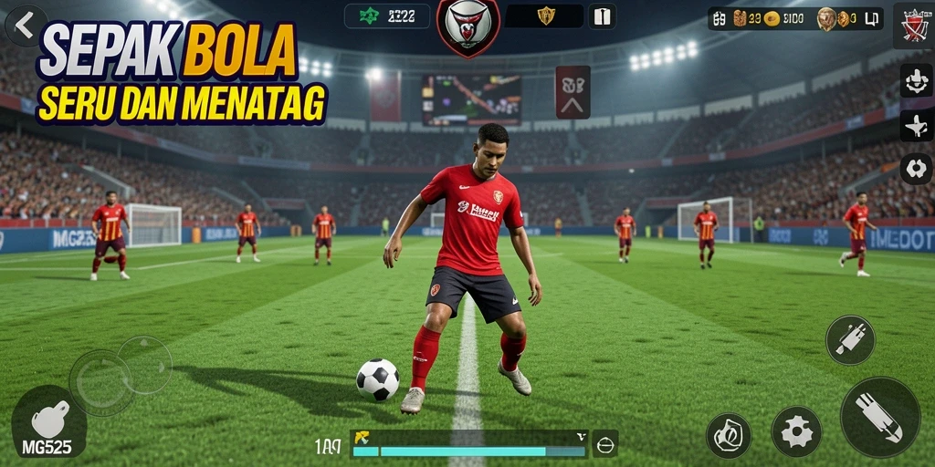 Screenshot gameplay MG525 dengan aksi seru di lapangan sepak bola.