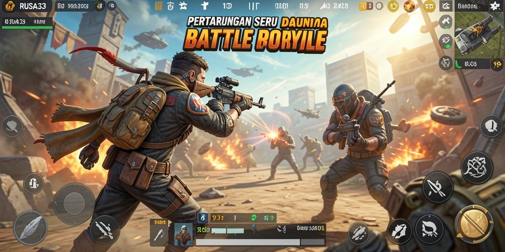Tampilan gameplay RUSA33 dengan pertempuran seru di arena Battle Royale.